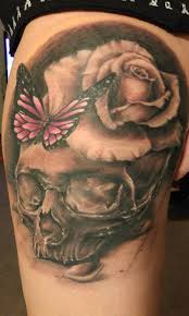 Black And Gray Skull And Rose Tattoo Skull Rose Butterfly Thigh Tattoo Color Infused Black And Gray Mythic Ink Tattoo Azma Awesomeness Butterfly Thigh Tattoo Tattoos Butterfly Tattoo
