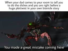 They announce that it heralds the arrival of a seventh toa destined to defeat makuta and awaken mata nui. My Story Was Almost As Complex As Bionicle Lore Bioniclememes Bionicle Bionicle Heroes Story