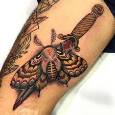 Moth and dagger tattoo studio. Dagger Moth Thigh Tattoo By Blessed Tattoo
