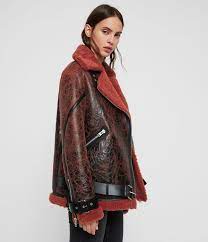 Allsaints Us Womens Hawley Shearling Biker Jacket Raspberry Pink Leather Jackets Women Fur Leather Jacket Biker Jacket