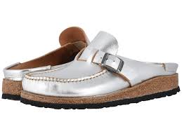 Birkenstock's buckley is a women's leather moc toe clog with unique wrap around upper, adjustable buckle and a supportive, comfortable footbed. Birkenstock Suede Buckley In Silver Metallic Lyst