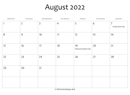August 2022 Calendar Printable With Holidays Whenisholidays Net