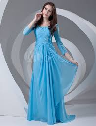 Gina bacconi liddie floral jersey and lace dress. Chiffon Evening Dress Cyan 3 4 Sleeve Beading Mother Of The Bride Dress A Line Ruched Sweep Train Wedding Party Dress Milanoo Com