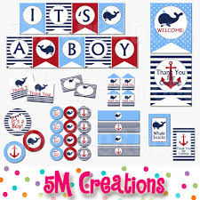 Set up a photo booth that looks like a ship's helm, complete with sailor hats and other nautical photo props. Whale Baby Shower Printable Decorations Boy Nautical Baby Shower Instant Download 5m Creations Blog