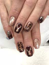 Rose Gold Burgundy Mahogany Deer Head Ombre Glitter Fall Gel Nails Fall Gel Nails Gold Toe Nails Hunting Nails