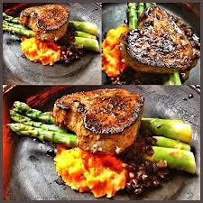 Trader Joe S Ahi Honeyed Black Peppercorn Tuna With Sweet Potato Mash In A Black Bean Reduction Good Steak Recipes Seafood Recipes Recipes