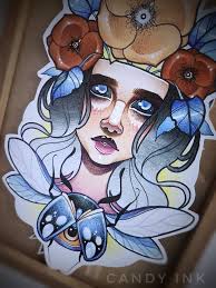 Creepy Neo Traditional Girl Portrait Bug Eye Flowers Cold Design Neo Traditional Tattoo Ink Illustrations Drawings