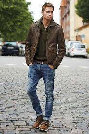 Vintage Looking Brown Leather Jacket Over Khaki Green Jumper Casual Clothes For Men Combine Leather Jacket Men Style Business Casual Men Mens Casual Outfits