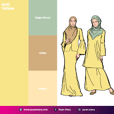 Gamis dengan detail pita dan kombinasi warna pastel seperti dusty pink, blue dan purple ini membuat tampilan hijabers tampak elegan. Padanan Warna Raya 2019 Puan Mary