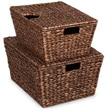Low dark brown abaca madras utility basket. Best Choice Products Set Of 2 Xl Water Hyacinth Woven Tapered Storage Basket Chests W Attached Lid Handle Hole Target