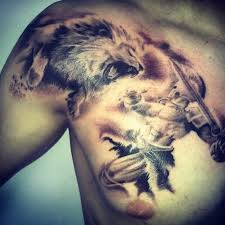 Warrior Fighting Lion Tattoo On Chest And Shoulder Tattooimages Biz Gladiator Tattoo Chest Tattoo Men Lion Tattoo