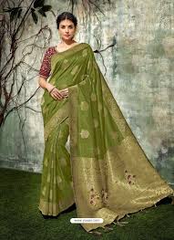 Mehendi Green Weaved Silk Jacquard Worked Designer Saree Saree Designs Party Wear Sarees Silk Sarees Online