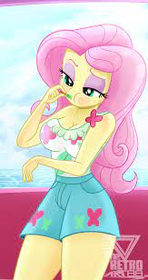 2812122 - safe, artist:theretroart88, fluttershy, equestria girls,  equestria girls series, spring breakdown, spoiler:eqg series (season 2),  adorasexy, bare shoulders, breasts, busty fluttershy, cleavage, clothes,  cute, female, food, lidded eyes ...