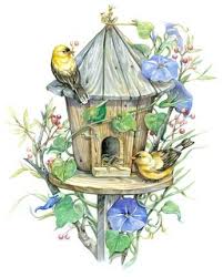 Birdhouse And Morningglories By Leesa Whitten Kus Resimler Sanat