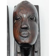 Vintage African Hand Carved Ebony Wood Bookends Womans Head Folk Art 8.5