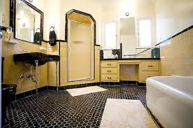 Black And White Patterned Bathroom Floor Tiles Bathroom With Yellow Subway Tile And Black Hexagon Tile Floor Canty Shanty Vintage Bathroom Tile Yellow Bathrooms Yellow Bathroom Tiles