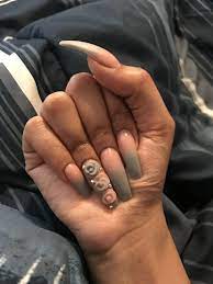 Pink And Grey Ombre Acrylic Nails No Polish With Acrylic Flowers And Swarovski Crystals Coffin Nails Ta Pink Acrylic Nails Pink Grey Nails Pink Ombre Nails
