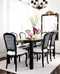 Glamorous Dining Room With Glossy Black Parsons Dining Table Black French Chairs Upholster Black And White Dining Room Gold Dining Room Glamourous Dining Room