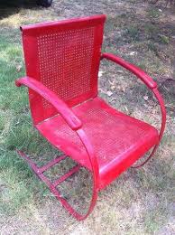 Red Mid Century Metal Patio Chair The Chair Needs And Deserves Another Coat Of Good Quality Red Paint Vintage Outdoor Furniture Vintage Metal Chairs Metal Lawn Chairs