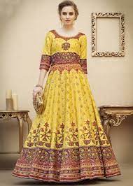 bright yellow digital printed banarasi silk indian gown yellow dress casual yellow floral dress printed gowns