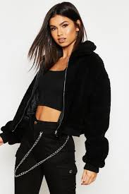 Black Bomber Jacket Outfits Womens Crop Faux Teddy Fur Bomber Jacket Boohoo In 2020 Jacket Outfit Women Fur Jacket Outfit Black Bomber Jacket