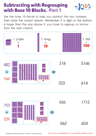 subtracting with regrouping with base 10 blocks part1 worksheet printable pdf for kids