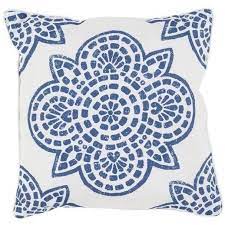 It is stuffed with polyester fiberfill. Arabesque Indigo Blue Outdoor Patio Pillows Sky Iris