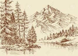 Alpine Landscape River And Pine Forest Sketch Forest Sketch Landscape Sketch Landscape Drawings