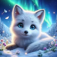an adorable whimsical multi-tailed white-violet snow fox,