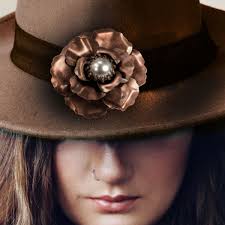 Copper Rose Brooch Pin: Vintage Camellia With Swarovski Pearl