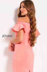 Jovani 55562 Light Coral Knee Short Sleeve Cocktail Dress