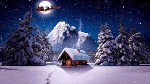 Winter Santa Claus Sleigh Sledge Snow Snowing Moon Log Cabin House Mountain Christmas Night Chis Nature Wallpaper Christmas Wallpaper Winter Wallpaper