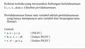 Bentuk umumnya adalah ax + b = c, dengan a, b, c bilangan bulat dan a ≠ 0. Pertidaksamaan Linear Satu Variabel Pengertian Rumus Contoh