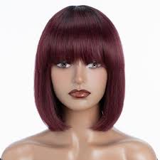 Amazon.com : Rebecca Beauty Bob Wig with Bangs Human Hair Burgundy Ombre  Straight Bob Wig with Very Light Yaki 10 Inch Short Non Lace Bob Wig for ...