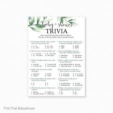 Make your baby shower fun by adding a variety of baby shower games for guests to play. Baby Shower Games Baby Trivia Game Baby Shower Trivia Botanical Baby Shower Botanical Shower Game Printable Game Greenery Shower By Print That Baby Shower Catch My Party