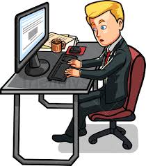 Person on computer clipart png. Man Sitting At Desk Working On Computer Cartoon Vector Clipart Friendlystock
