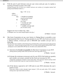 Merancang pengeluaran dan jualan dengan mengkaji kesan ke atas titik pulang modal jika perubahan dibuat ke atas kos tetap, kos berubah seunit atau harga jualan seunit. Soalan 4 A With The Aid Of A Plot Between Costs Per Chegg Com