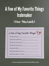 A Few Of My Favorite Things Icebreaker Free Printable Women S Ministry Toolbox Womens Ministry Games For Ladies Night Ice Breakers