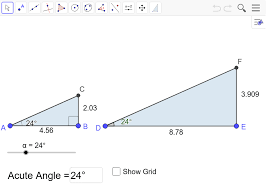 The triangle formed by distractor (a) is not a right triangle because no combination of the squares of 5 and 5 that is, 25 and 25 and the square of 2*sqrt(5) that is, 20 can fit the form of a^2 + b^2 = c^2 that is true how do i solve for a triangle in half with numbers in column a and numbers in column b. G Gsrt 6 Similar Right Triangles And Trig Ratios Geogebra