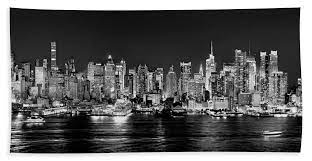 New york skyline at night black and white. New York City Nyc Skyline Midtown Manhattan At Night Black And White Beach Towel For Sale By Jon Holiday