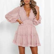 Tap To Shop New Pink V Neck Long Sleeve A Line Open Back Flare Women Mini Ruffle Dress Boho Spring A In 2020 Chiffon Mini Dress Beach Party Dress Dresses Casual Boho