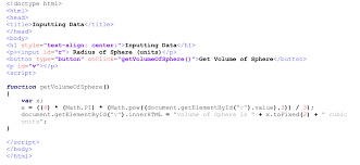 Html Code For Inputting The Radius Of Sphere Javascript Code For The Function To Calculate The Volume Of Sphere Text Editor Notepad Text Editor Text Math