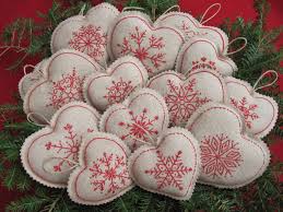 Embroidered Snowflake Linen Heart Christmas Ornaments Bowl Fillers Redwork Farmhous Heart Christmas Ornaments Felt Christmas Decorations Christmas Embroidery