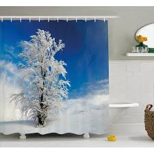 Winter Shower Curtain Lonely Tree On Snow Covered Land Cloudy Sky Rural Scenery In January Cold C Country Bathroom Bathroom Decor Sets Winter Shower