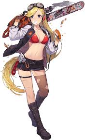 miss chain (chrono ark), chrono ark, artist request, game cg, highres,  non-web source, official art, 1girl, belt, bikini, bikini top only, blonde  hair, blue eyes, boots, breasts, chainsaw, chewing gum, fingerless gloves,