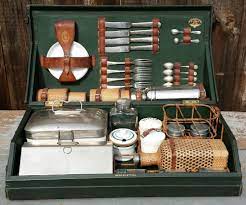 Rare Antique 1910 Old Car Footrest Coracle Picnic Set Brass Edged Box Altman Ny Antique Picnic Basket Picnic Basket Set Vintage Picnic Basket