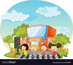 Children Crossing The Road In Front Of School Vector Image On Vectorstock School Illustration Drawing School Preschool Activities