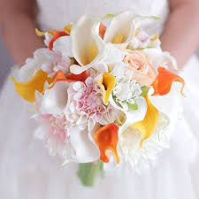 Classic white calla lily bouquet. Amazon Com Iffo Yellow Orange Calla Lily Bouquet Dahlia Flower Bouquet Wedding Bride Bridal Artificial Flowers Handmade Decoration Bouquets Home Kitchen
