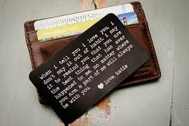 Add his name, initials or a message to customized money clips, pocket knives, travel bags and more for the perfect style finish. Metal Wallet Insert Custom Wallet Card Engraved Wallet Card Valentines Anniversary Wedding Day Gift Groom S Gift For Him Father S Day In 2021 Diy Gifts For Him Unique Valentines Day Gifts Personalized
