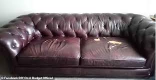 Beautifully crafted chesterfield armchair available at extremely low prices. Woman Transforms Her Battered Leather Sofa For Just 30 Using Grey Paint Daily Mail Online